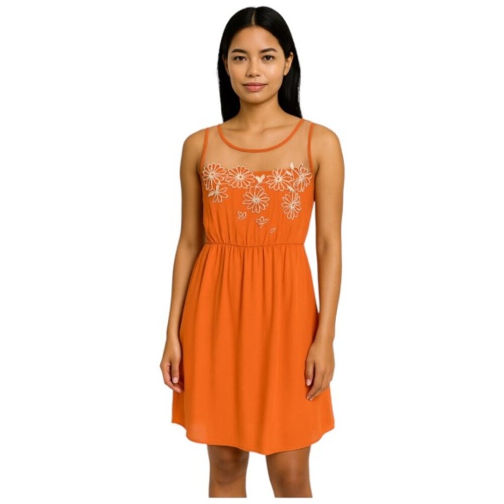 RYU  Small Orange Embroidered Mesh Detail Sleeveless Dress